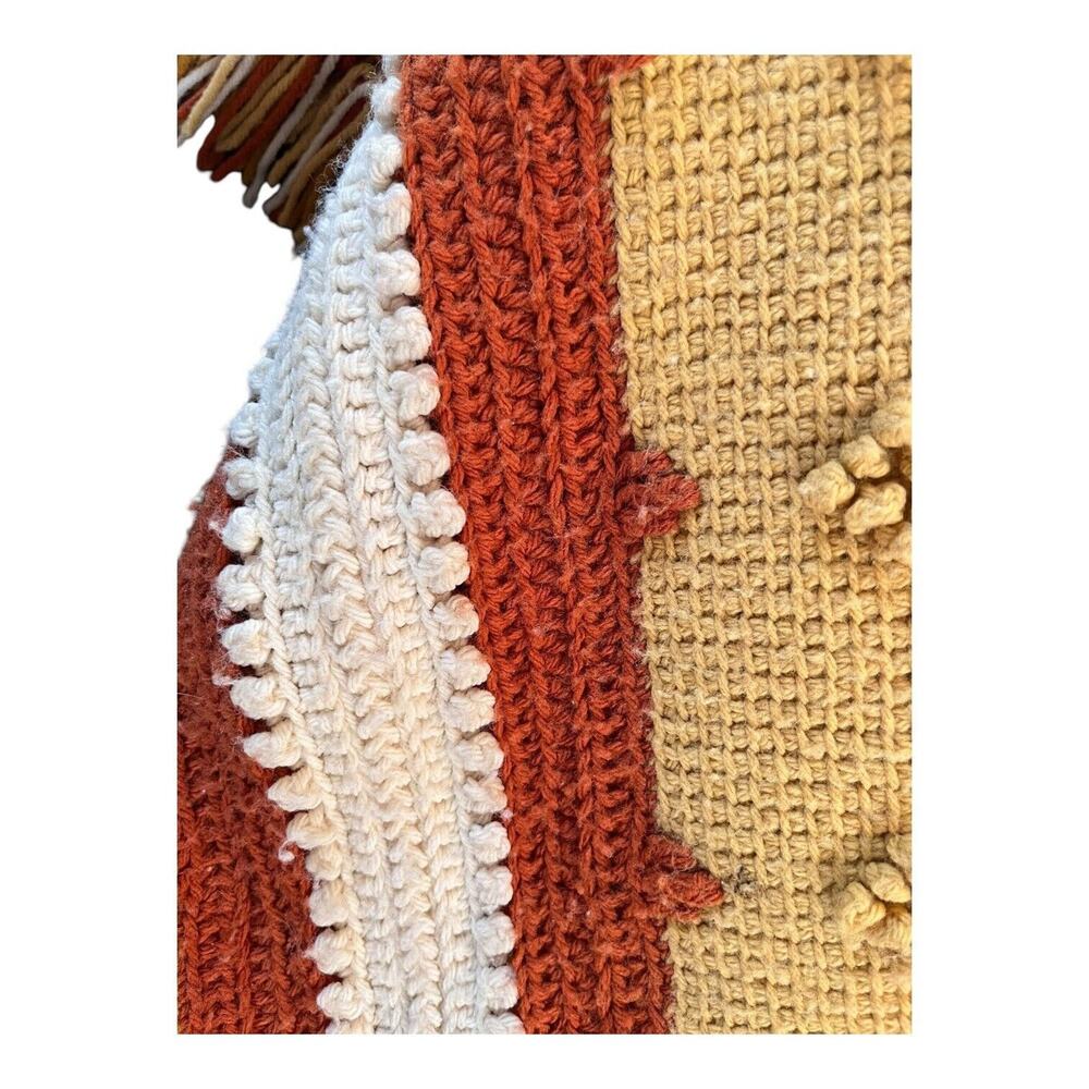 Handmade Afghan Retro Crochet Blanket Striped Orange Yellow 70s Fringe 66"x67" - Picture 2 of 5